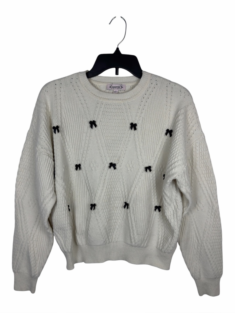 Nanette Lepore Diamond Pointelle Ivory/Cream Sweater W/3D Black Bows Size Large.
